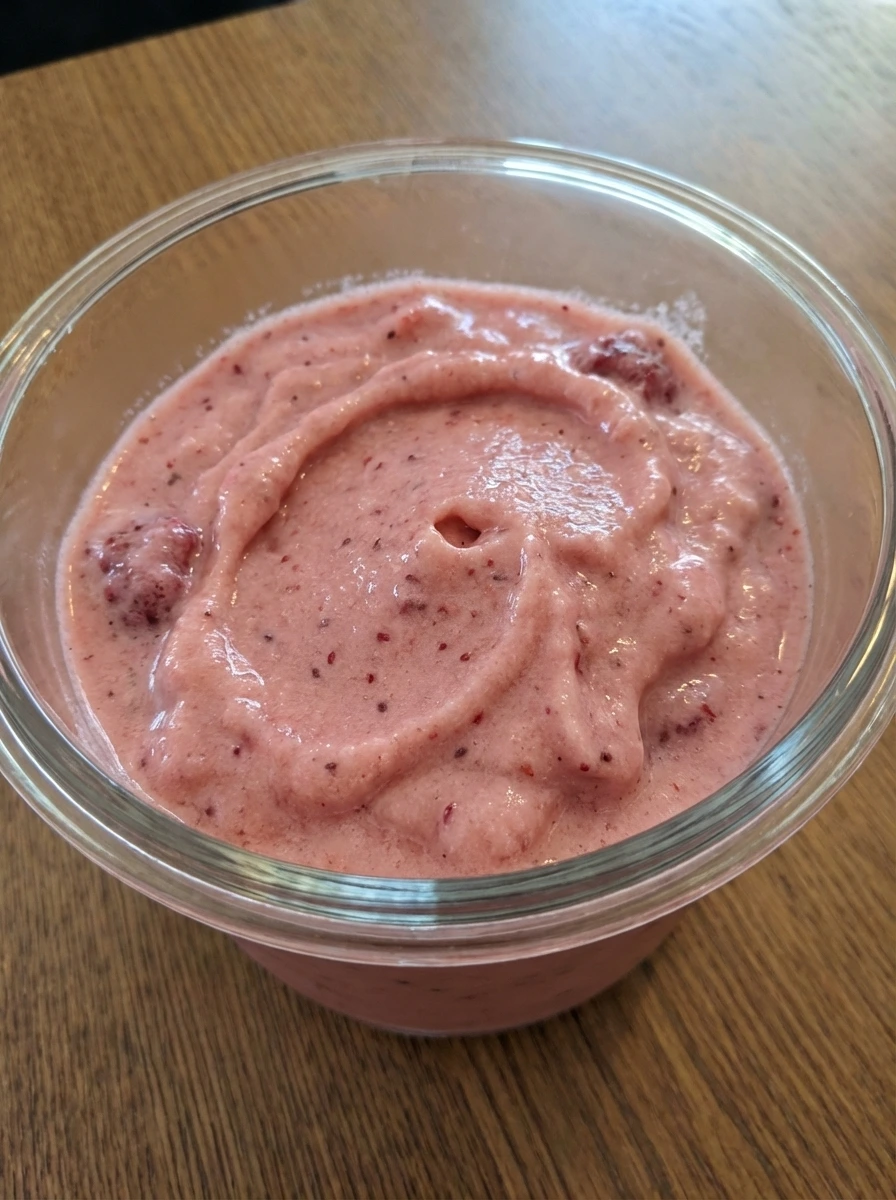 Blended Raspberry Pina Colada mixture thick and frosty with berry flecks
