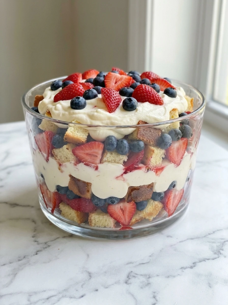 Red White and Blue Trifle with Creamy Layers in a glass bowl with berries and cream.