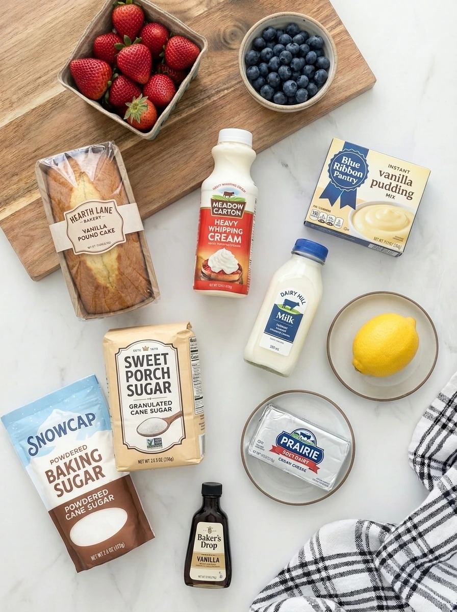 Ingredients for Red White and Blue Trifle with Creamy Layers.