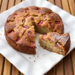 Homemade Rhubarb Cake on a white plate with one slice removed and visible rhubarb pieces.