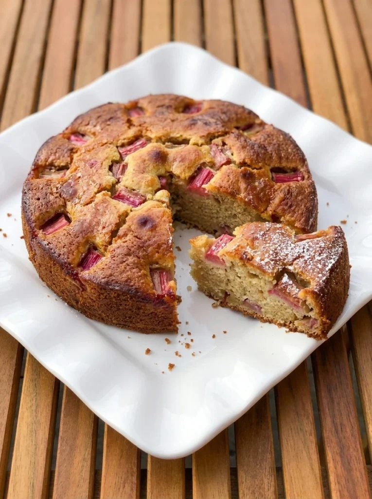 Homemade Rhubarb Cake on a white plate with one slice removed and visible rhubarb pieces.