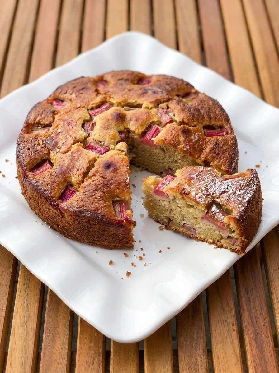 Homemade Rhubarb Cake on a white plate with one slice removed and visible rhubarb pieces.