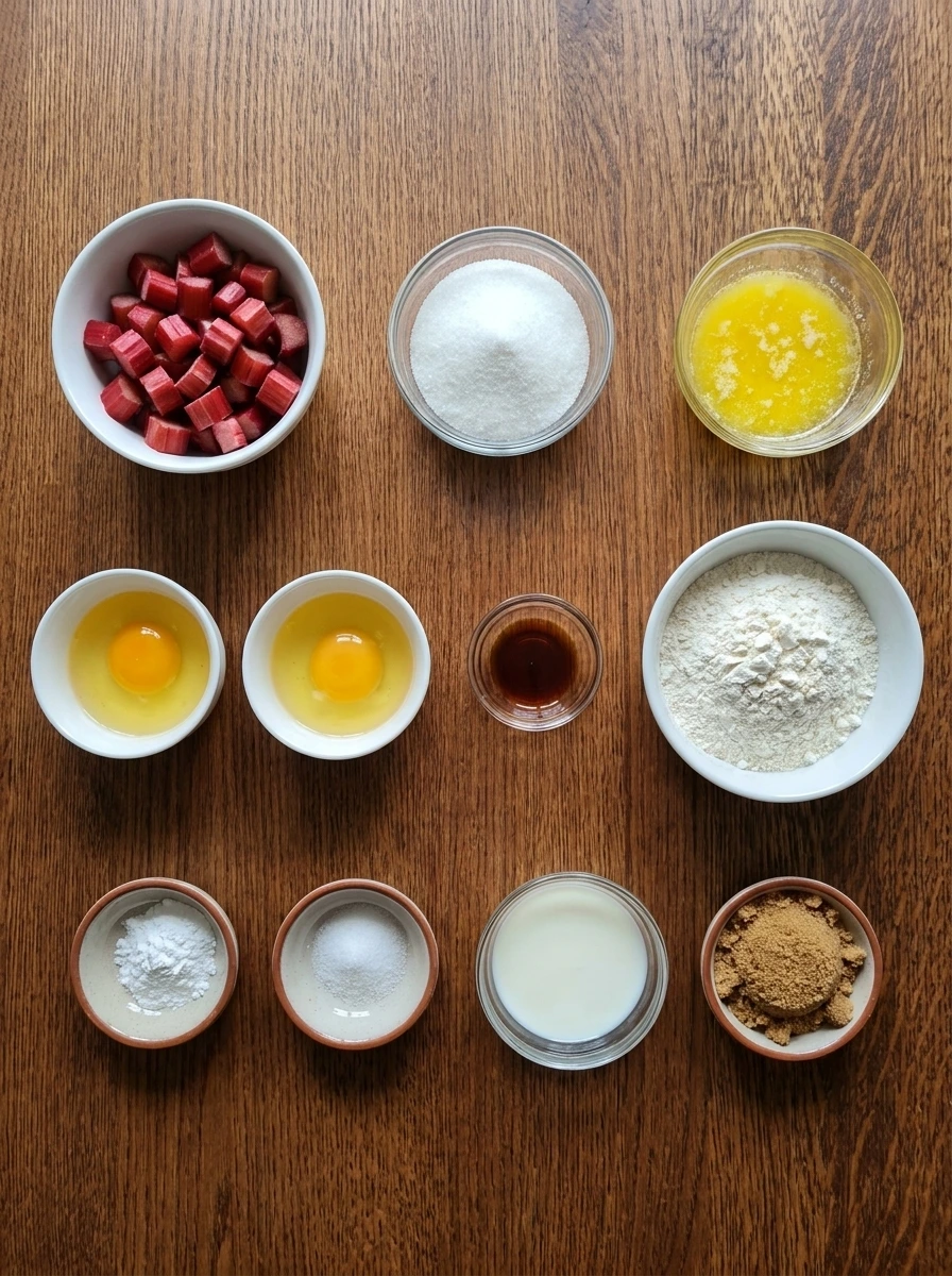 Measured ingredients for Rhubarb Cake in separate bowls and dishes.