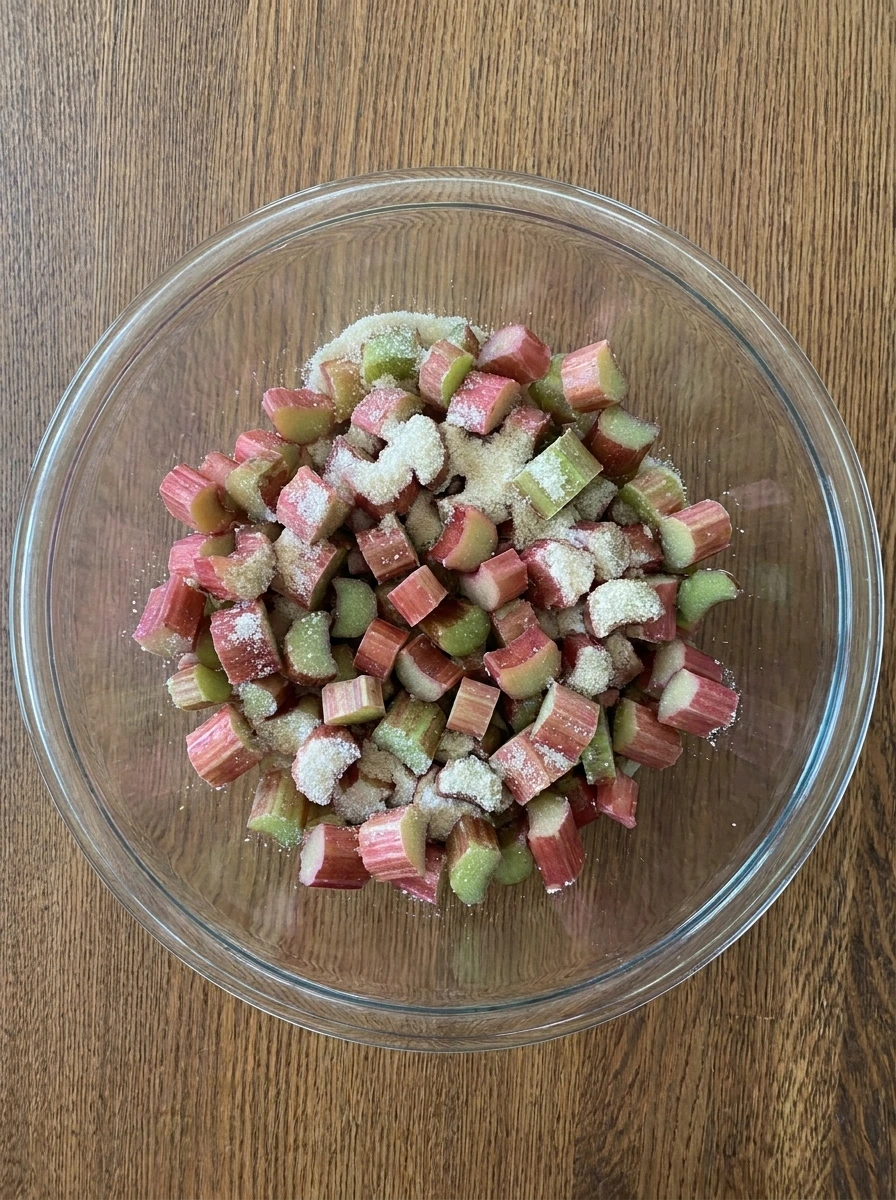 Diced rhubarb coated with sugar in a mixing bowl.