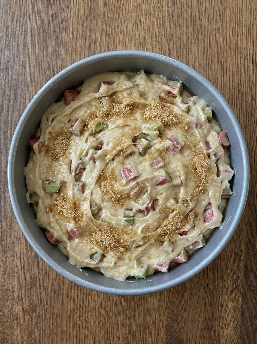 Rhubarb cake batter in a cake pan before baking.