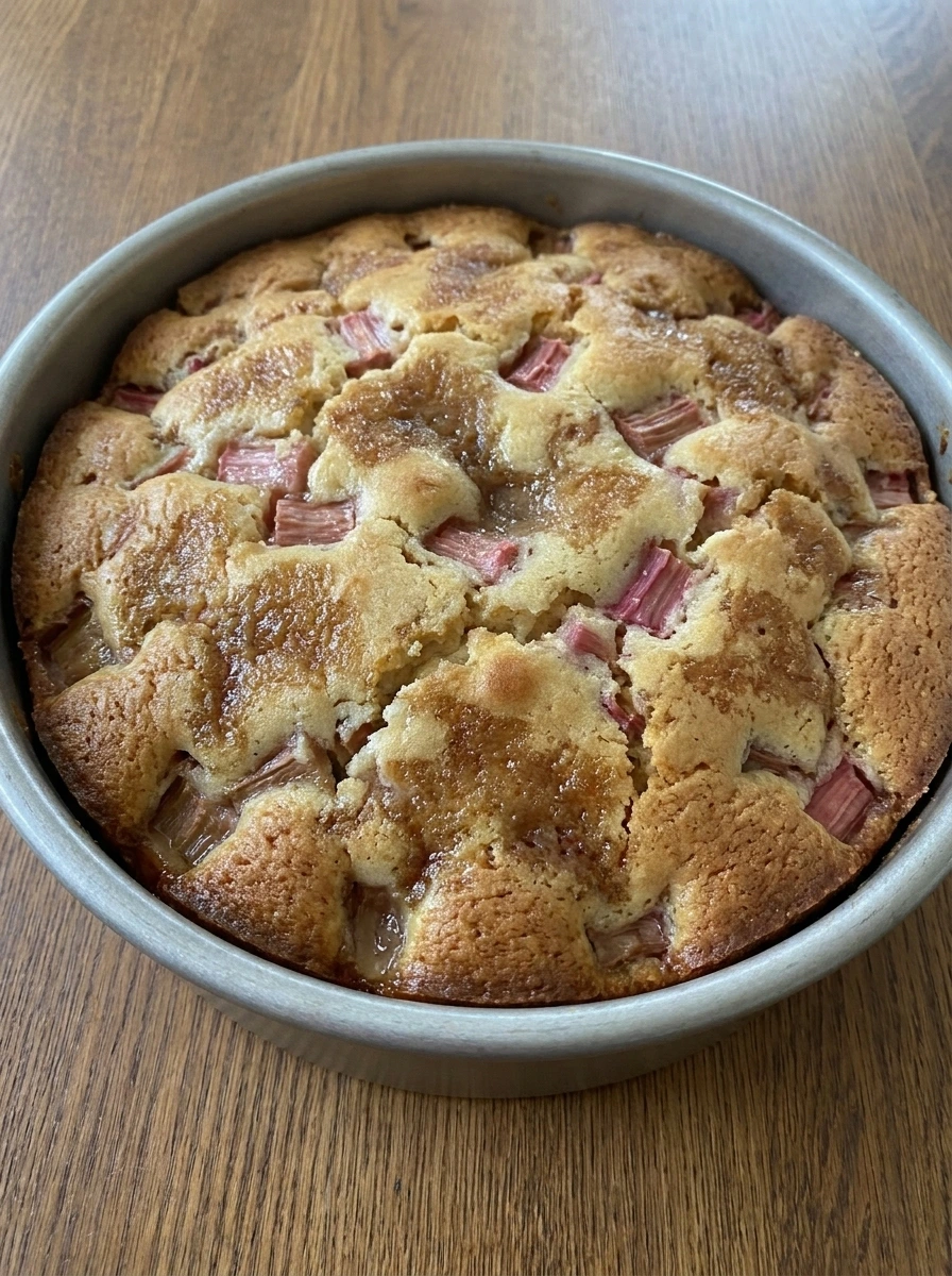 Baked Rhubarb Cake with a golden top in a cake pan.