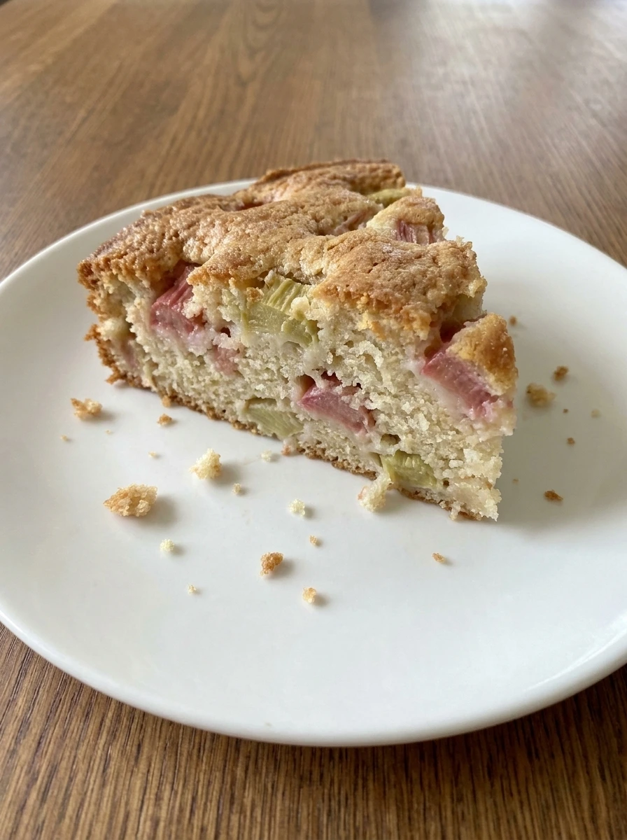 Slice of Rhubarb Cake served on a white plate.
