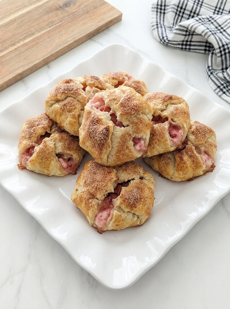 Golden Rhubarb Cheesecake Bombs with pink creamy filling showing through cracks