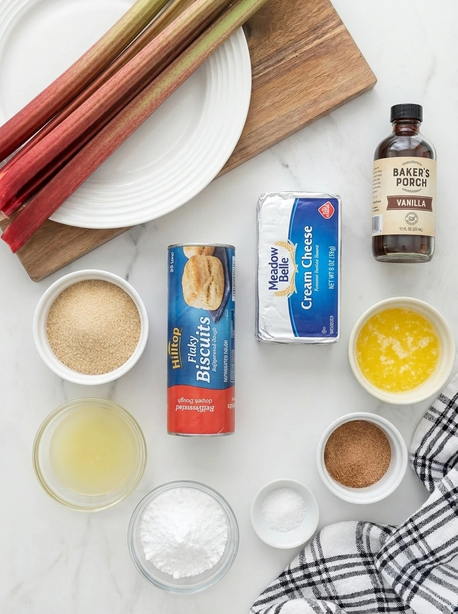 Ingredients for Rhubarb Cheesecake Bombs arranged in separate small containers