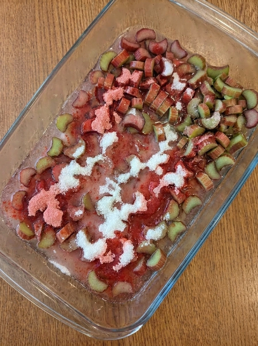 Rhubarb coated with strawberry gelatin dessert mix