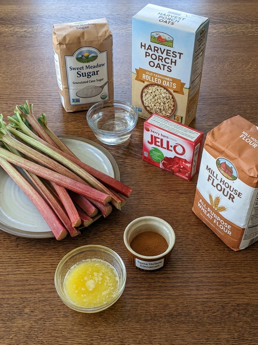 Ingredients for Rhubarb Crisp with Strawberry Jello