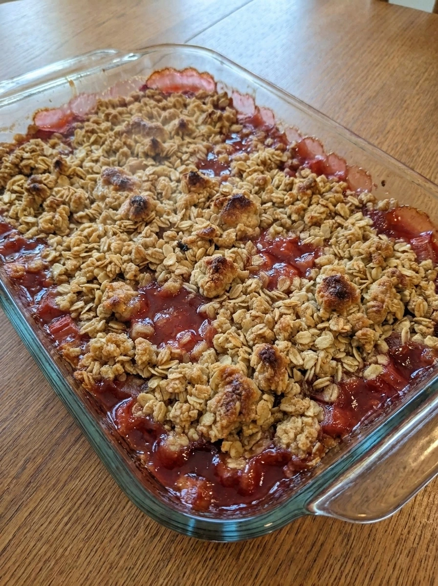 Rhubarb Crisp with Strawberry Jello with golden oat topping