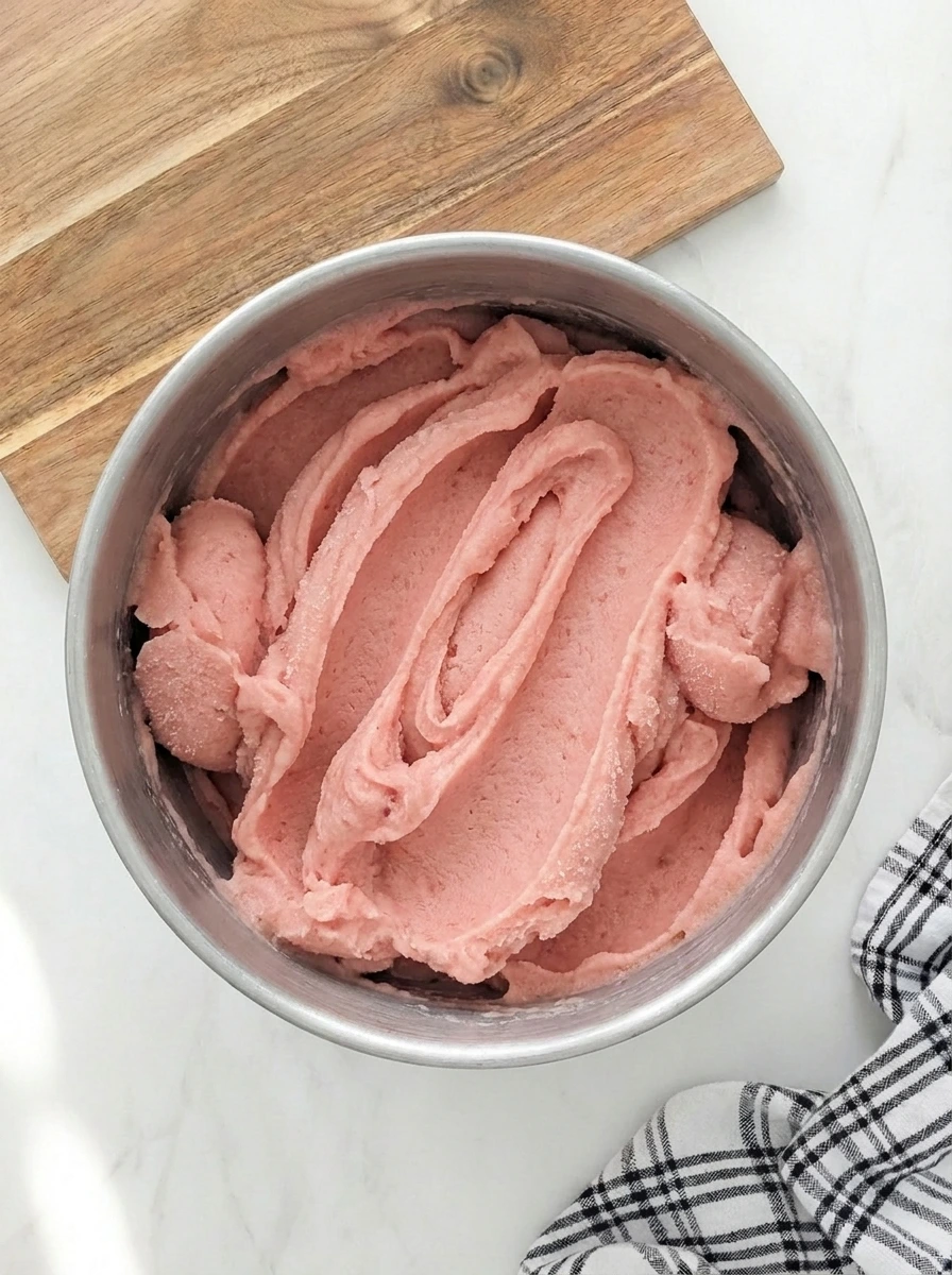 Rhubarb Sorbet churning into soft pink ribbons