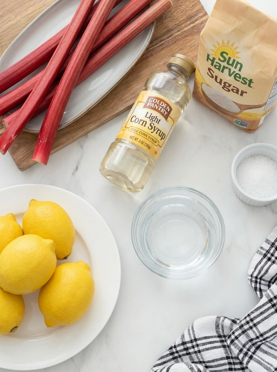 Ingredients for Rhubarb Sorbet arranged in separate containers