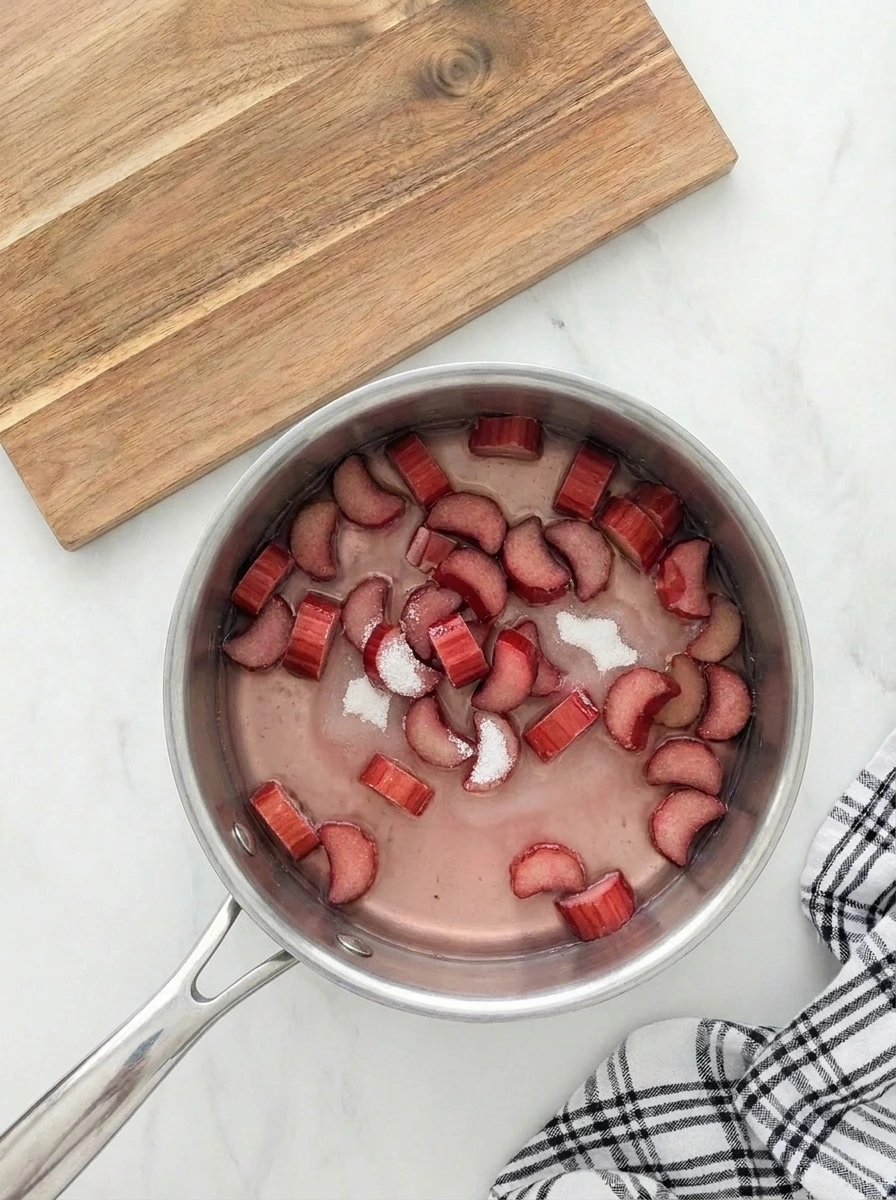Sliced fresh red rhubarb simmering with sugar for sorbet