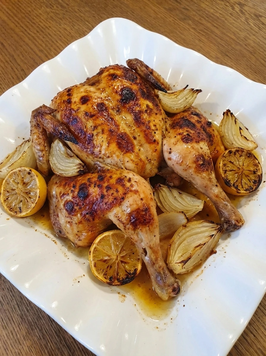 Roast Chicken with Crispy Skin on an oval white stoneware platter with roasted onions and lemon