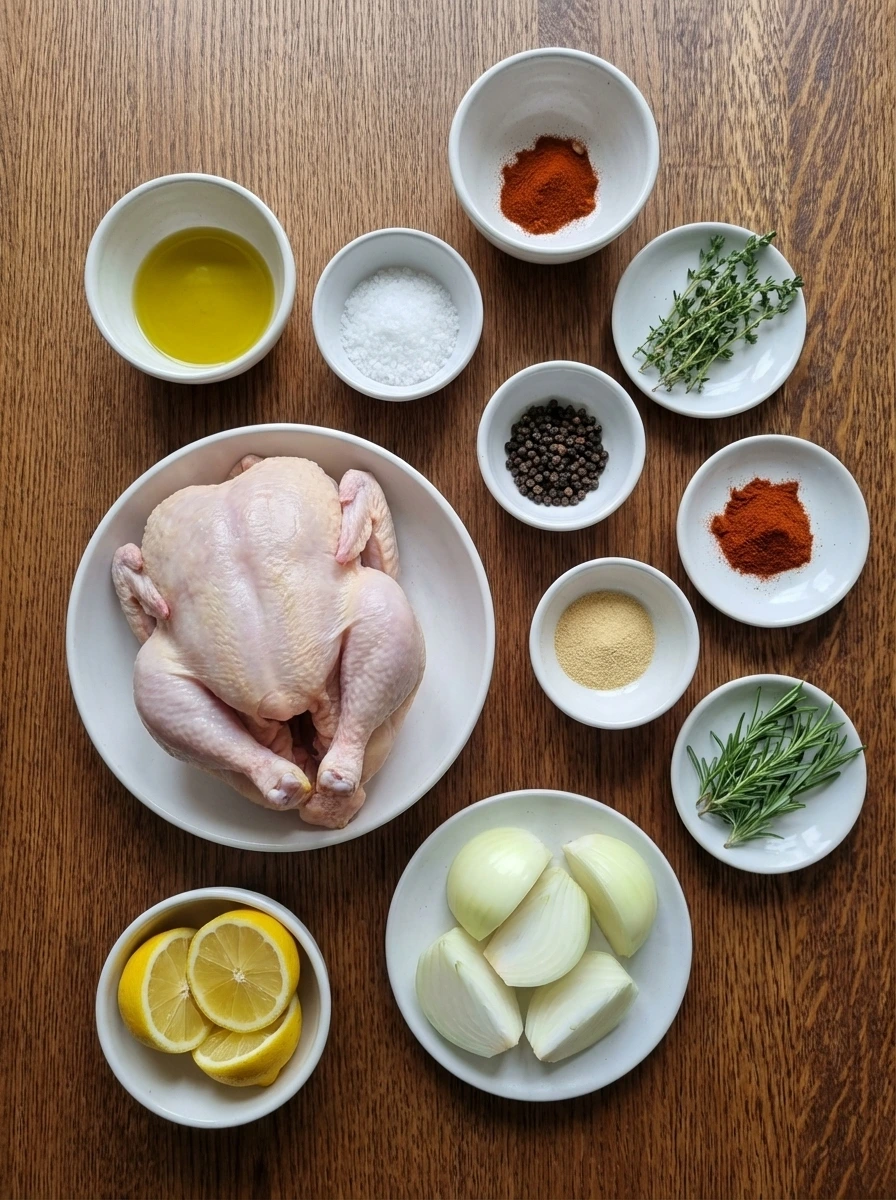 Raw ingredients for Roast Chicken with Crispy Skin in separate small white containers