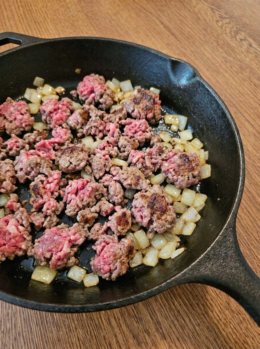 Ground beef and onion browning together for Rotel Pasta with Ground Beef.