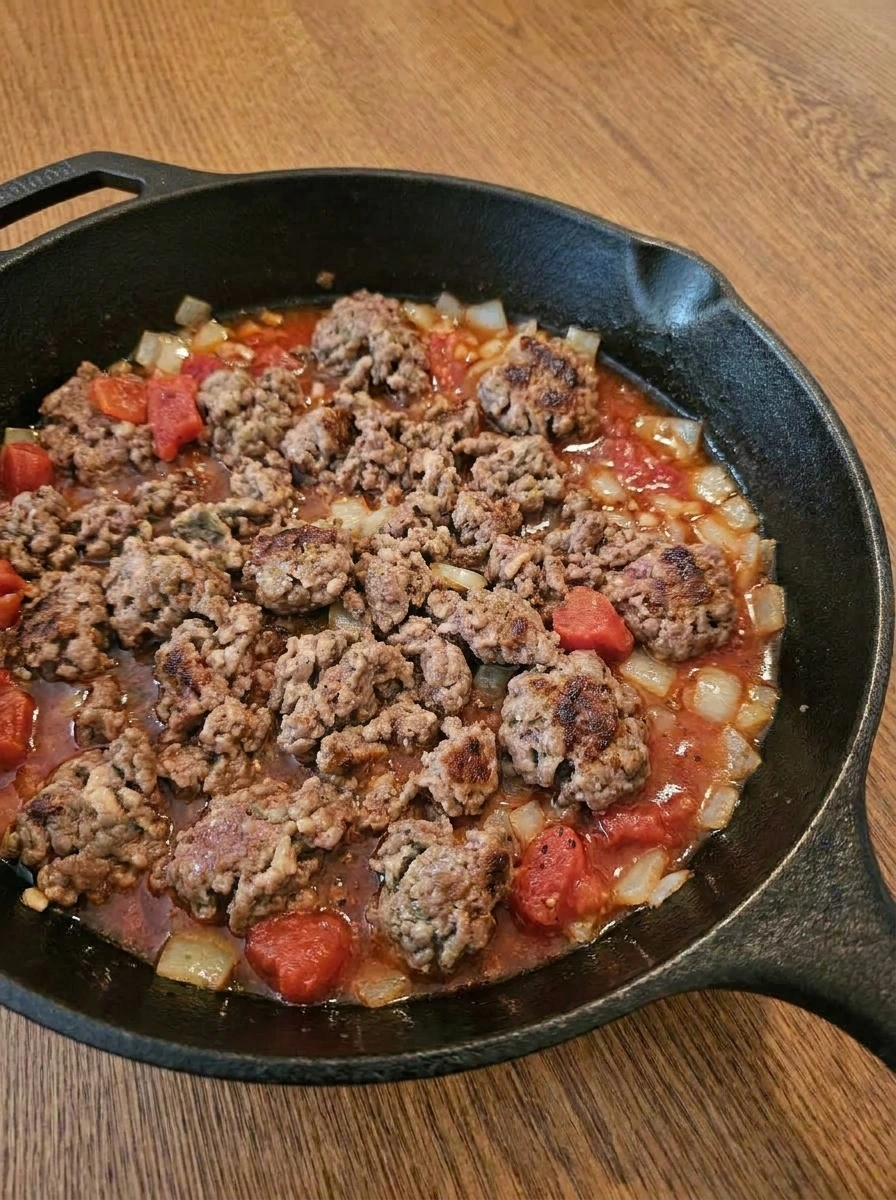 Ground beef mixed with Rotel tomatoes and spices in a skillet.