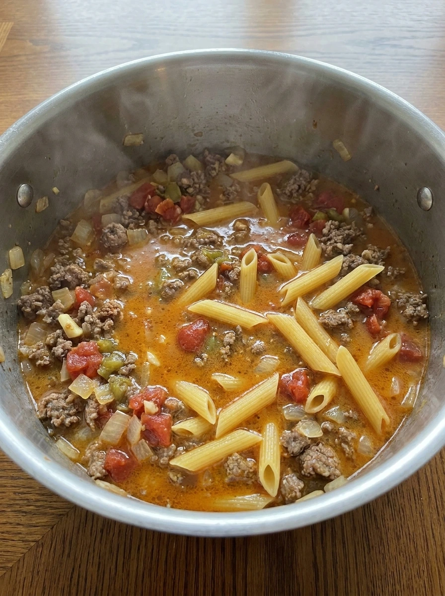 Pasta simmering in creamy Rotel beef sauce in a pot.