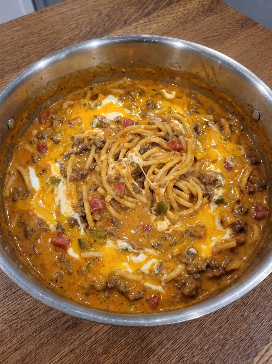 Cheese melting into creamy Rotel Pasta with Ground Beef.