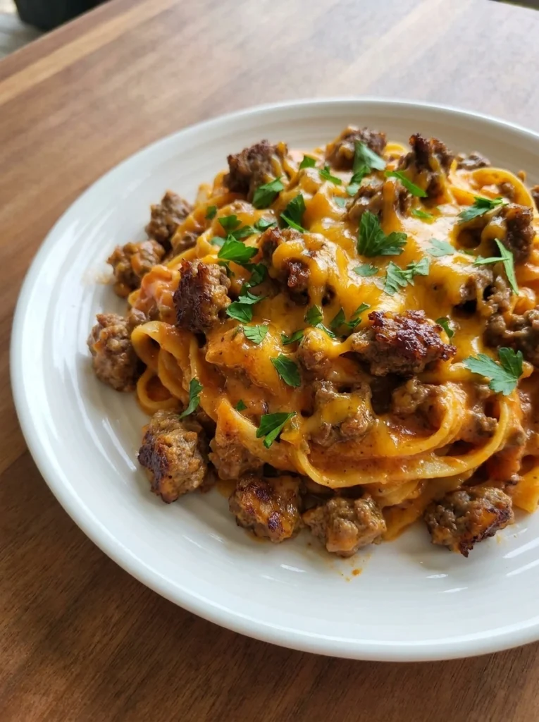 Rotel Pasta with Ground Beef served on a white plate with creamy sauce beef and melted cheddar.