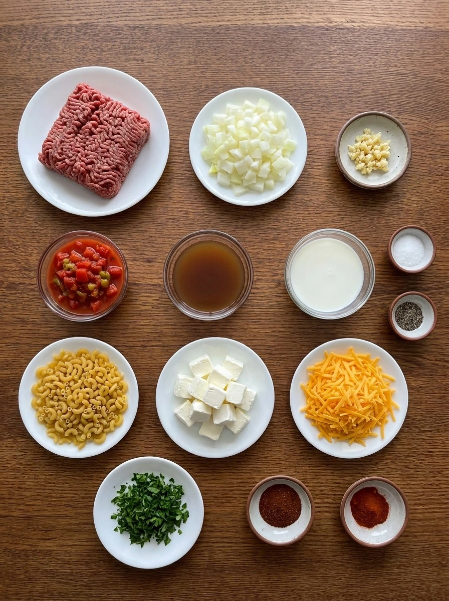 Measured ingredients for Rotel Pasta with Ground Beef arranged in separate small containers.
