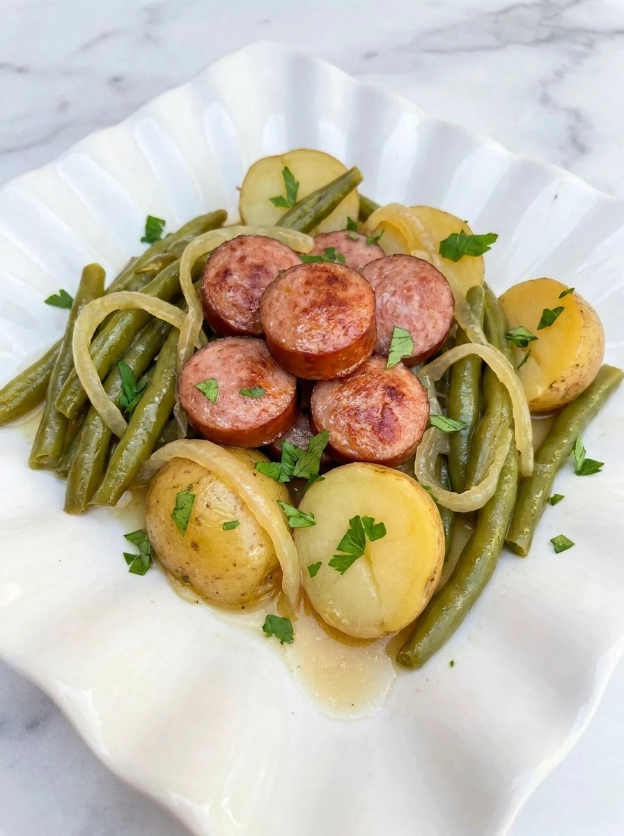 Single serving of Crockpot Kielbasa and Green Beans on a white plate