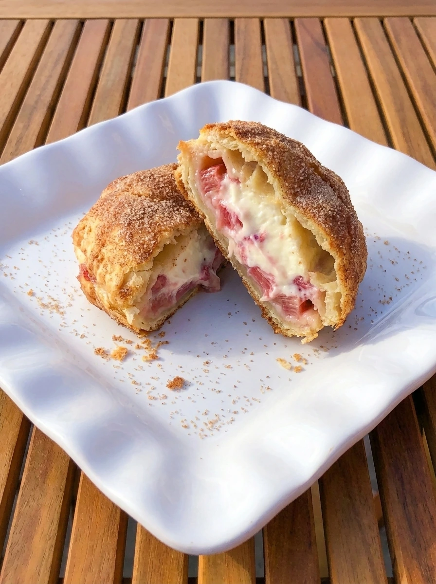 Cut Rhubarb Cheesecake Bomb with creamy pink filling
