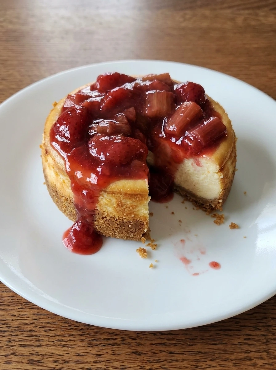 Single Strawberry Rhubarb Mini Cheesecake served with visible creamy filling