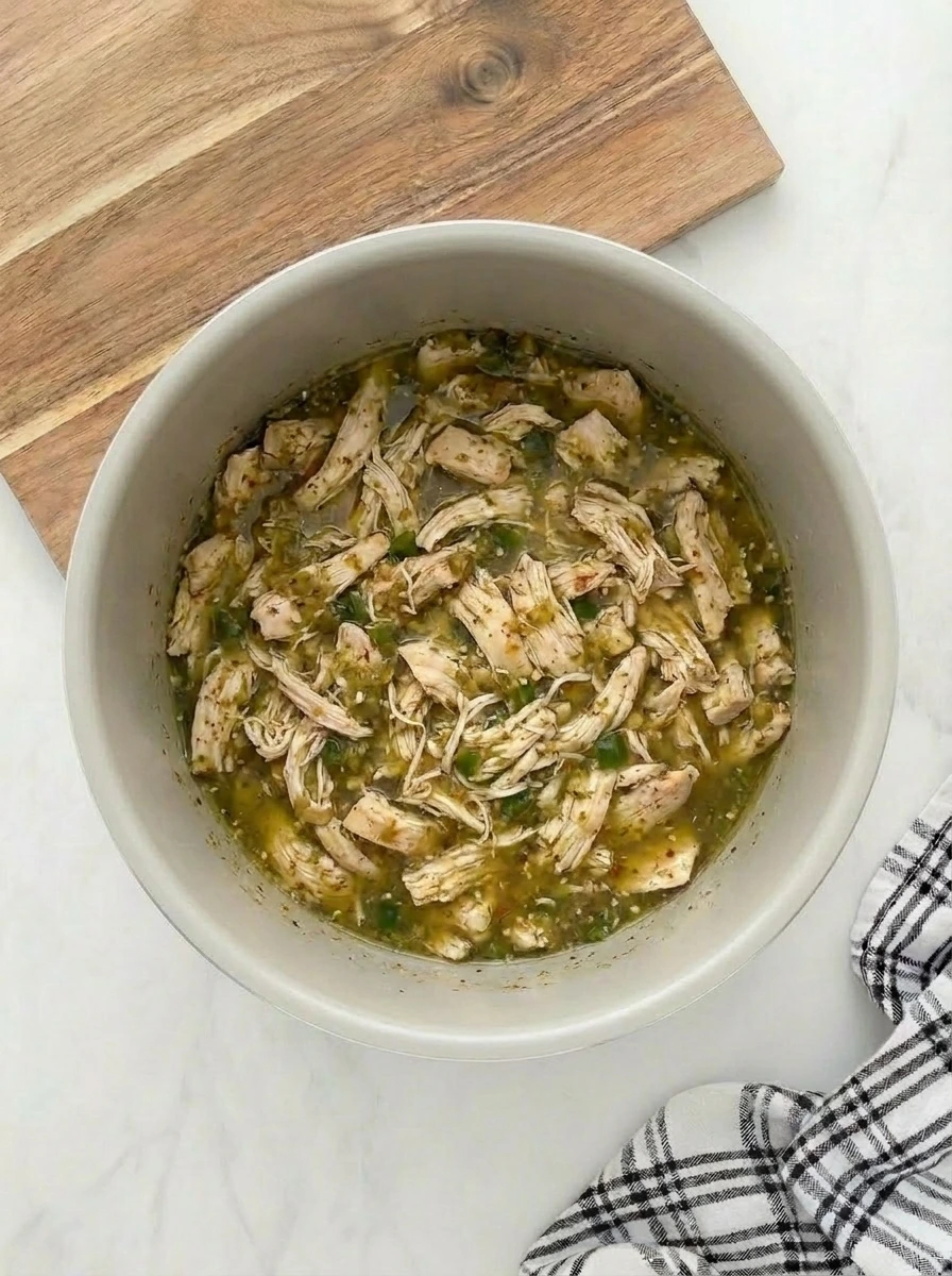Shredded cilantro lime chicken folded into salsa verde sauce in a slow cooker.