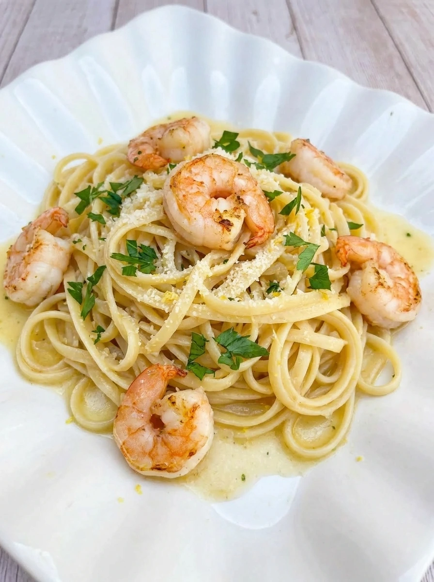 Shrimp Scampi Pasta on a white plate with garlic lemon butter sauce and parsley.
