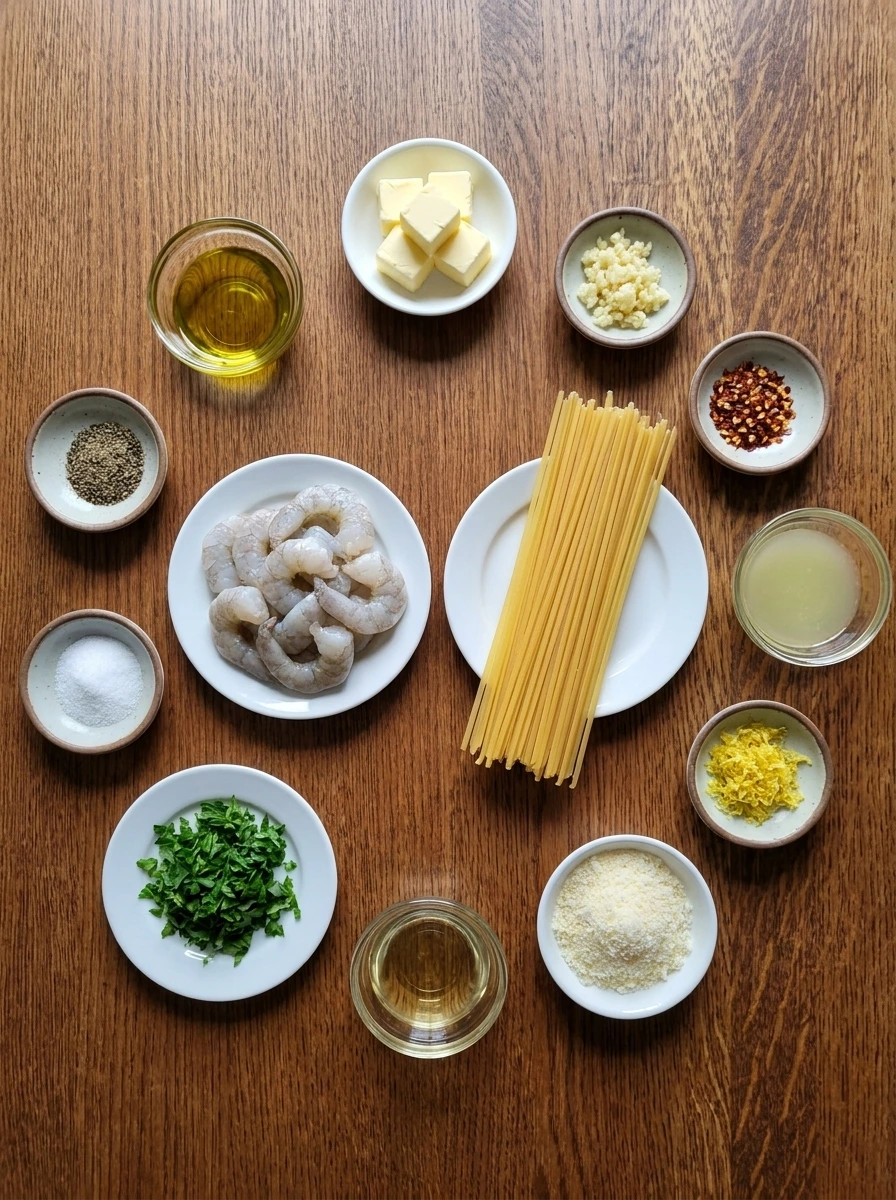 Ingredients for Shrimp Scampi Pasta in separate small containers.
