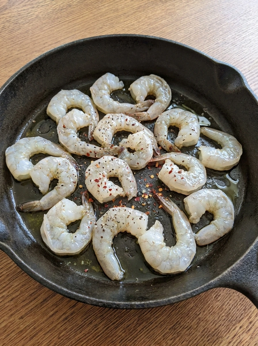 Seasoned raw shrimp coated with oil and spices before cooking.