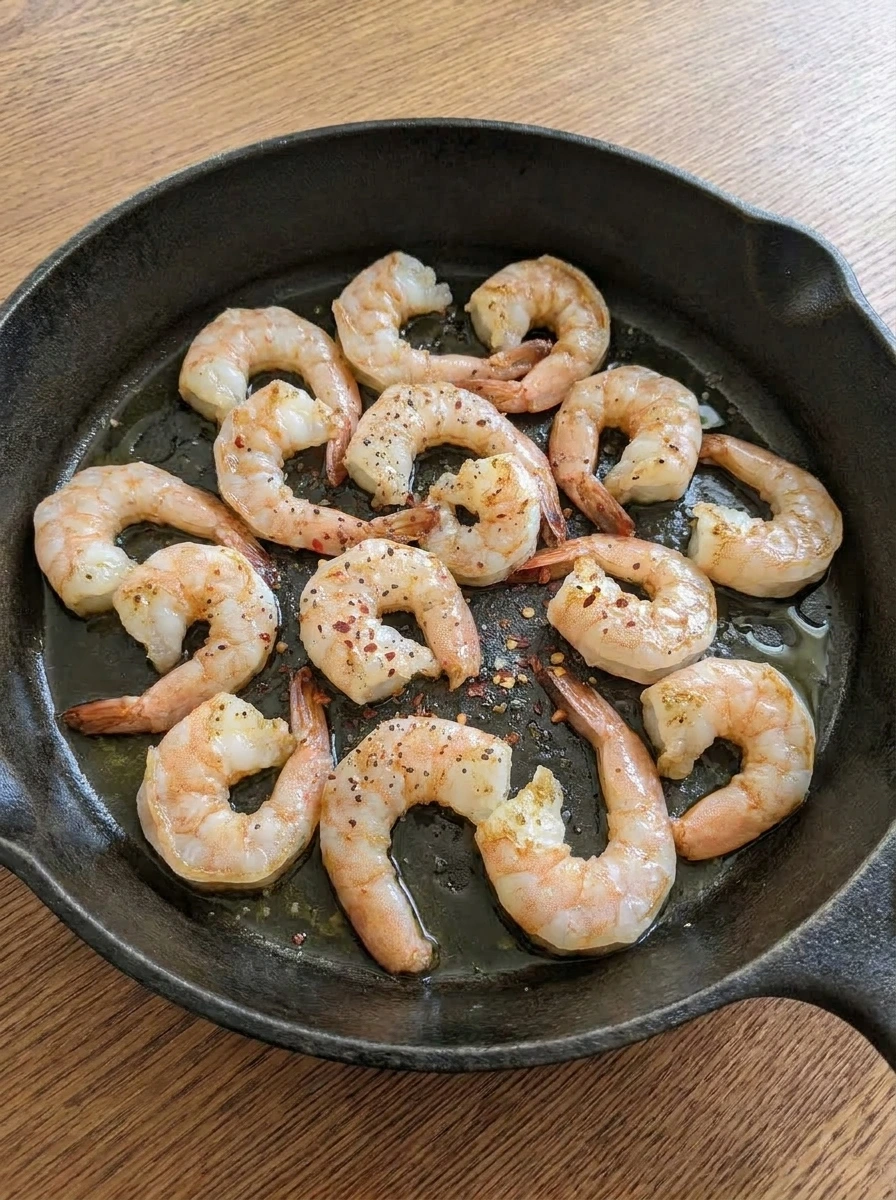 Shrimp turning pink and lightly golden while cooking.
