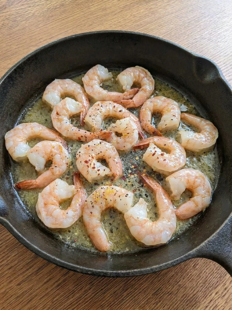 Shrimp simmering in garlic lemon butter sauce.