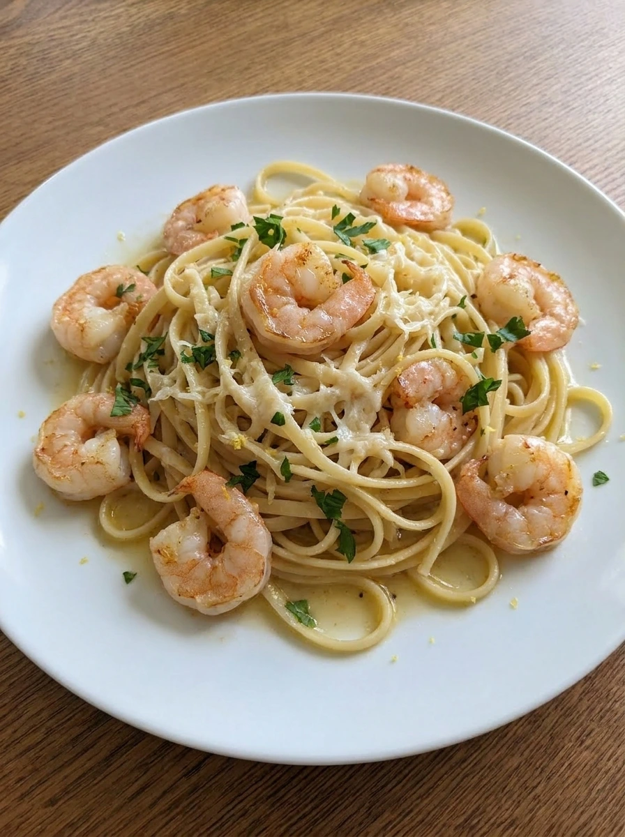 Finished Shrimp Scampi Pasta with parsley and parmesan on a plate.