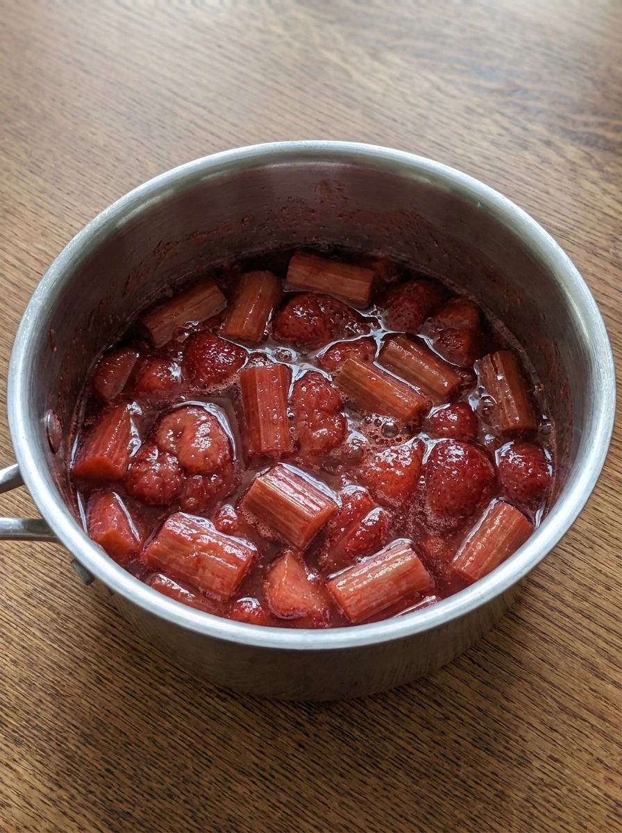 Strawberry rhubarb topping simmered until glossy and thick