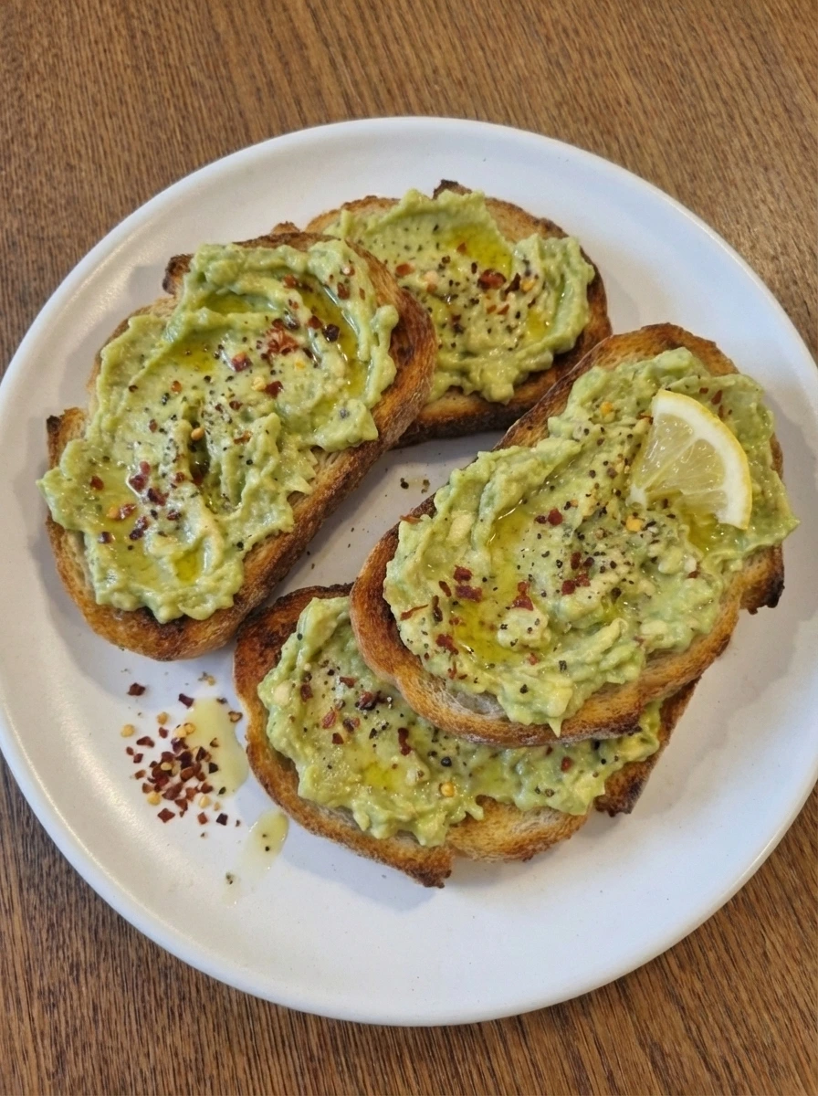 Simple Avocado Toast on a natural white stoneware plate with creamy avocado and golden toasted bread