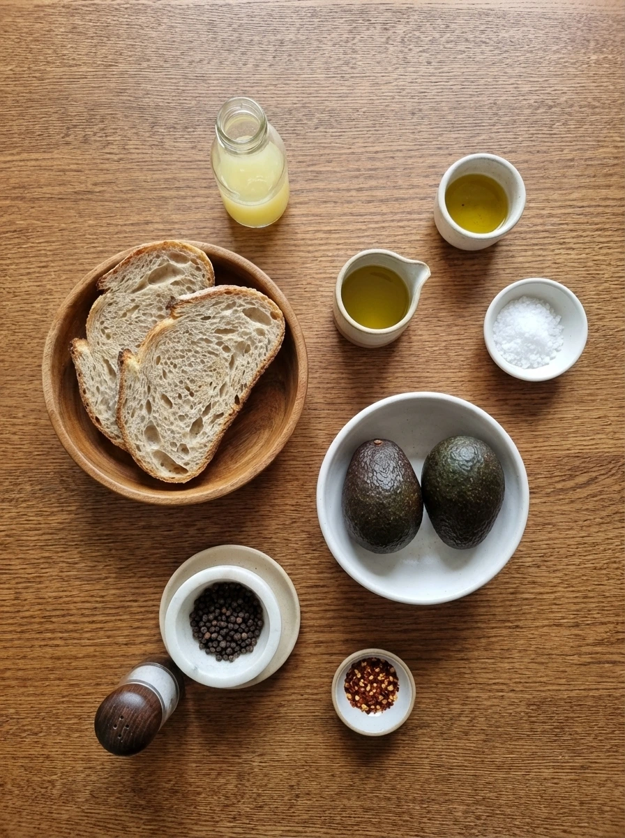 Ingredients for Simple Avocado Toast in separate small natural white containers