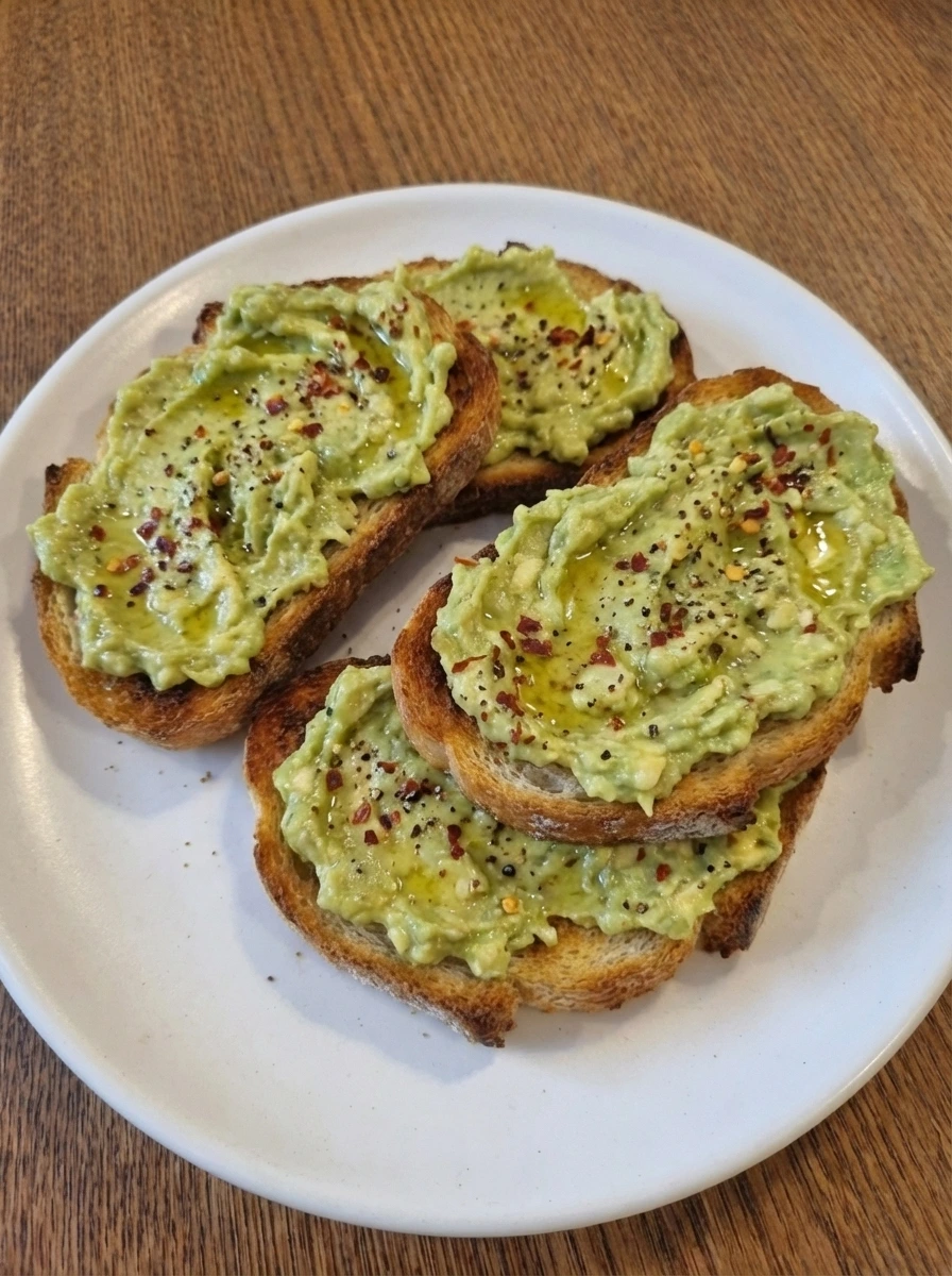 Avocado toast drizzled with olive oil and scattered with pepper flakes
