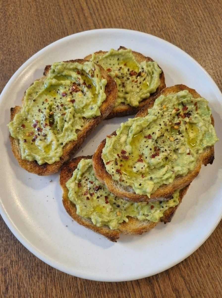 Finished Simple Avocado Toast plated with creamy avocado and golden browned bread