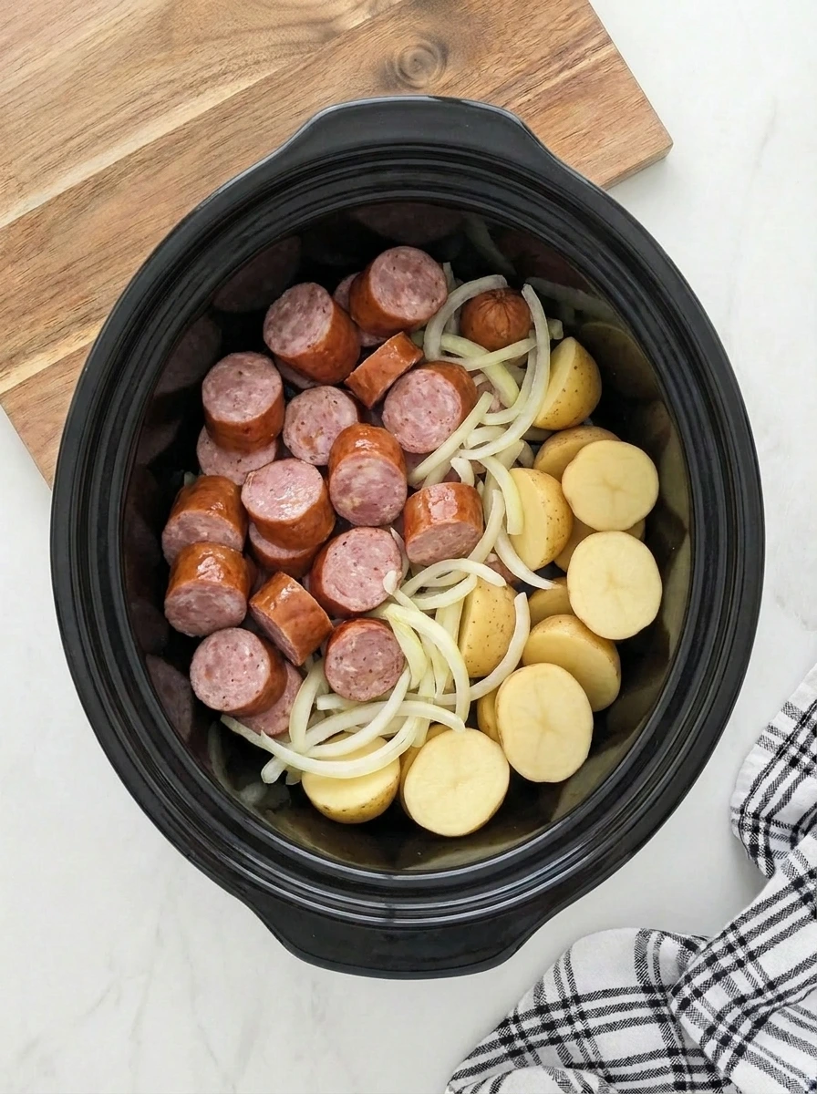 Sliced smoked pork kielbasa and halved baby Yukon gold potatoes in slow cooker