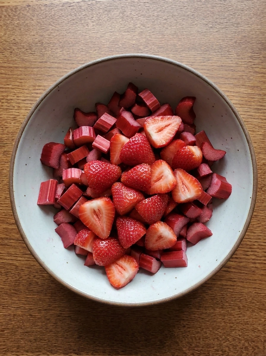 Sliced rhubarb and strawberries for Strawberry Rhubarb Crumble