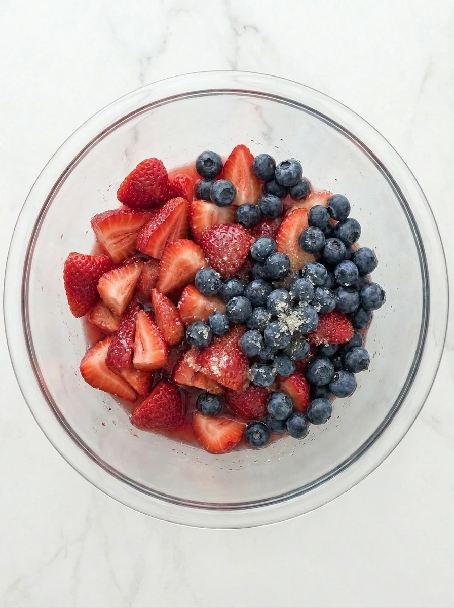Sliced strawberries and blueberries macerating for berry trifle.