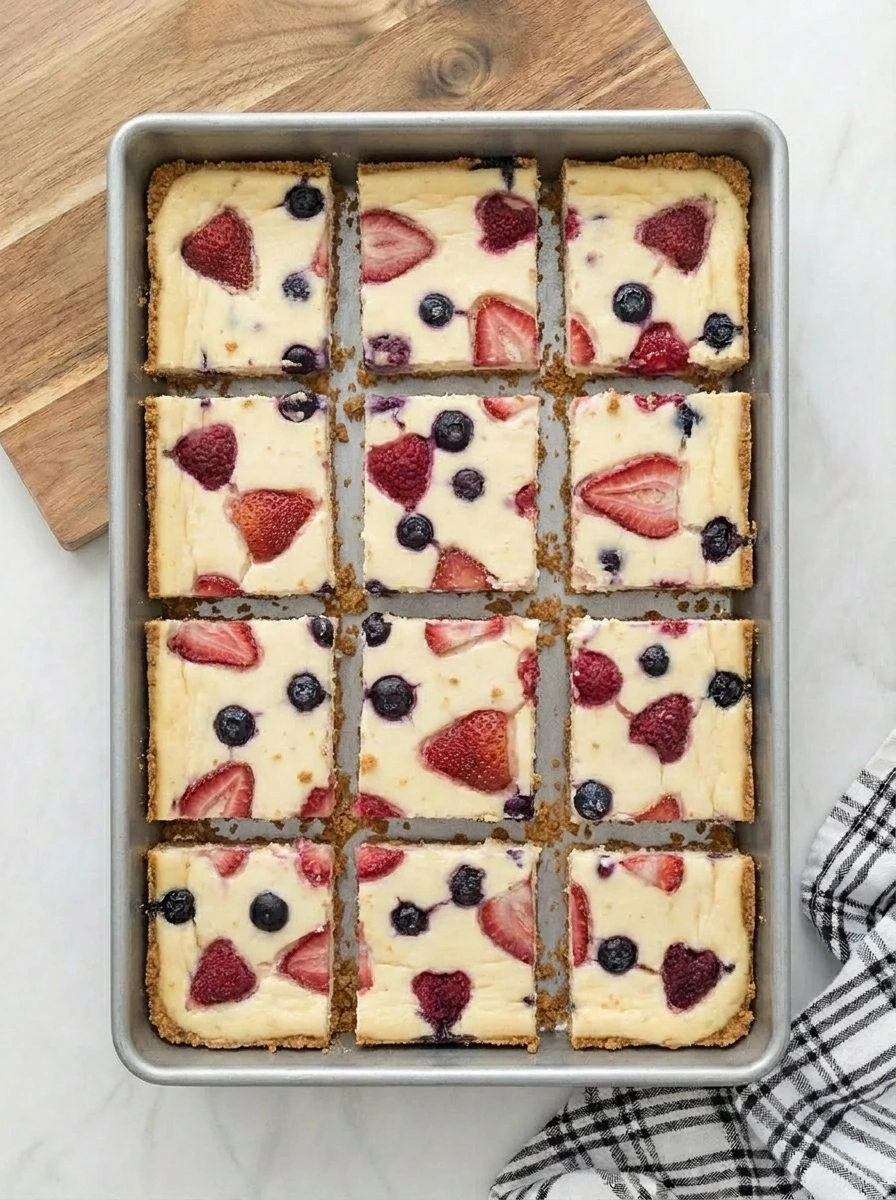 Chilled berry cheesecake bars sliced into pieces with crumb crust and berry topping.