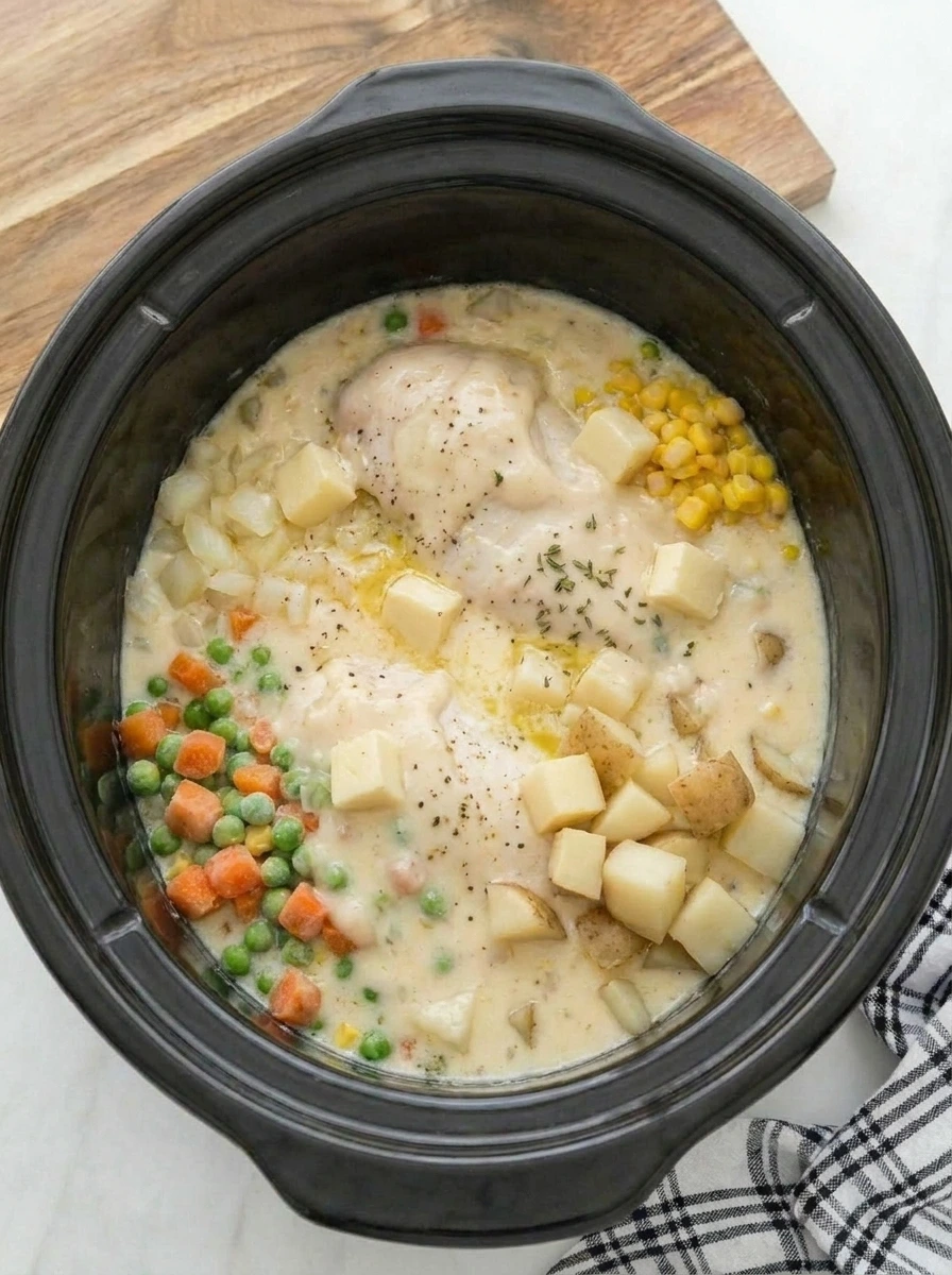 Chicken pot pie filling thickened in the slow cooker