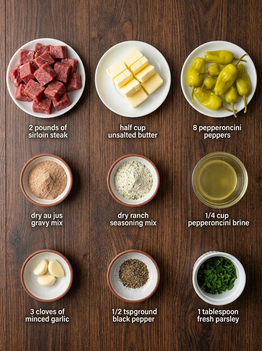 Ingredients for Slow Cooker Mississippi Steak Bites in separate small containers.