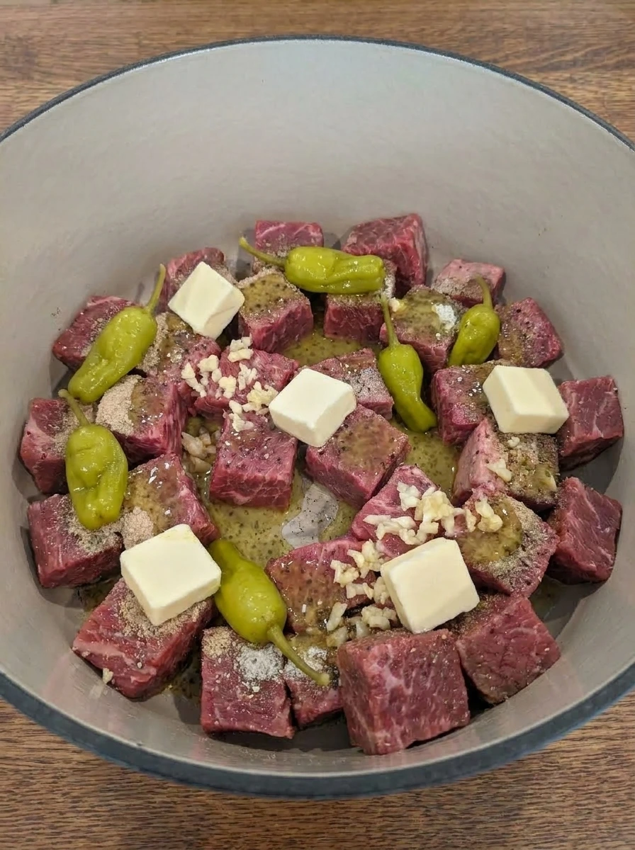 Butter and pepperoncini added over seasoned steak bites.