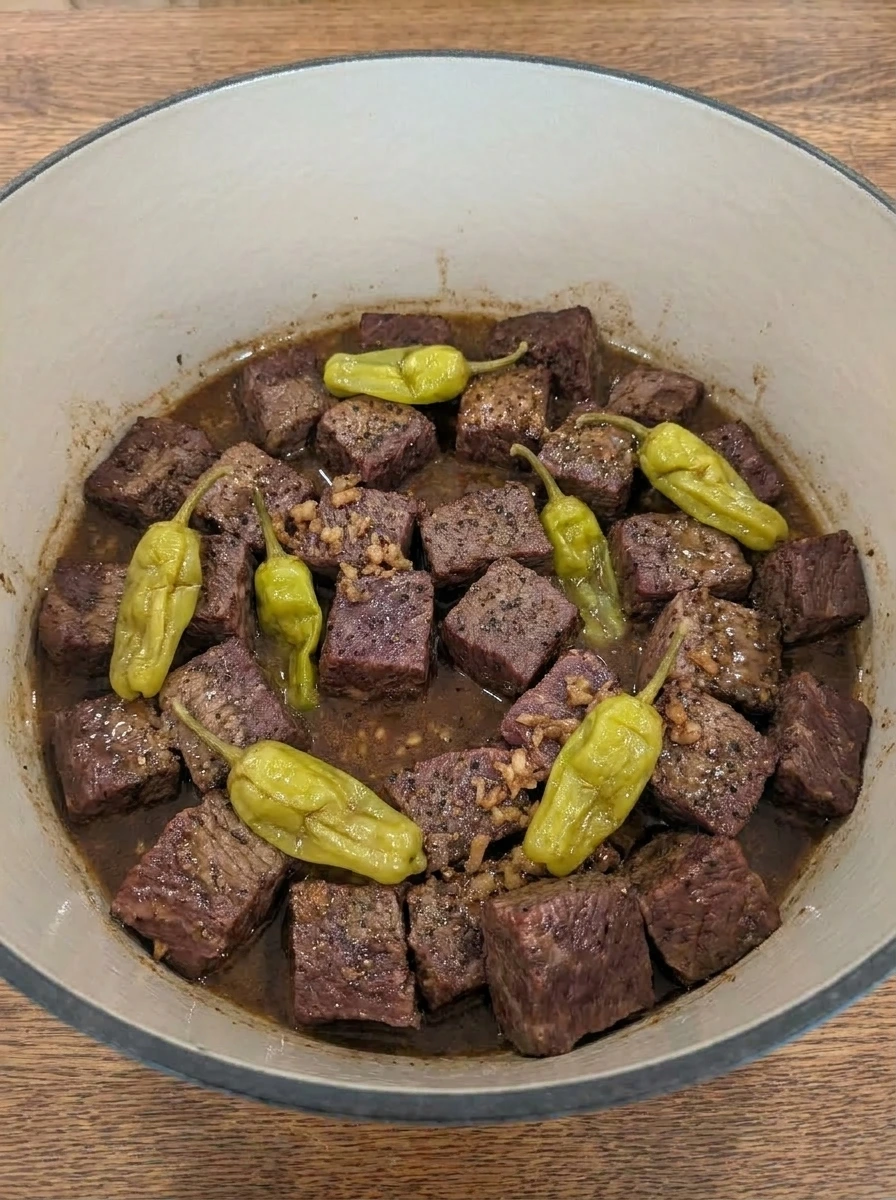Steak bites cooked until tender in buttery pepperoncini sauce.